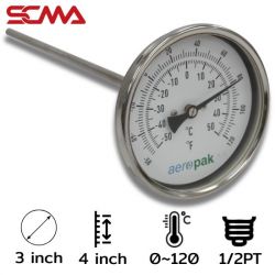 ASSF-301 Thermometer Gauge 0~120C 3" Type-T 4"/Dia.6mm 1/2"PT SUS304
