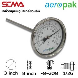 ASSF-301 3"x8" เกจ์วัดอุณหภูมิ/เกลียวหลัง 0~200 C/F Dia.6.35mm 1/2G SUS304
