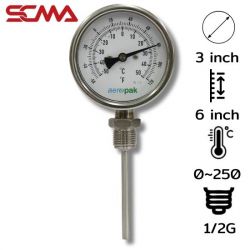 ASSF-313 3"x6" เกจ์วัดอุณหภูมิ/เกลียวล่าง 0~250 C/F Dia.6.35mm 1/2G SUS304