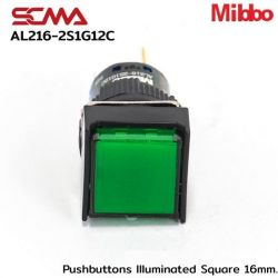 AL216-2S1G12C 24VDC Green Pushbuttons llluminated Square 16mm. Monentary Mibbo