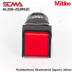 AL216-2S2R12C 24VDC Red  Pushbuttons llluminated Square 16mm. Maintained Mibbo