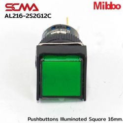 AL216-2S2G12C 24VDC Green Pushbuttons llluminated Square 16mm. Maintained Mibbo