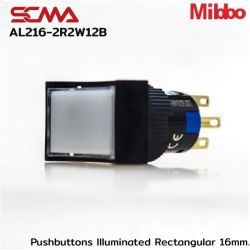 AL216-2R2W12B 12VDC White Pushbuttons llluminated Rectangular 16mm. Maintained Mibbo