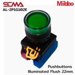 AL-2P1G102E 220VAC/DC Green Pushbuttons llluminated Flush 22mm. Monentary Mibbo