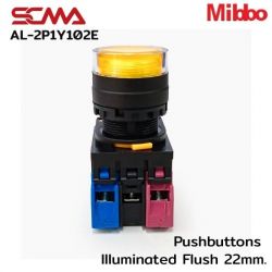 AL-2P1Y102E 220VAC/DC Yellow Pushbuttons llluminated Flush 22mm. Monentary Mibbo