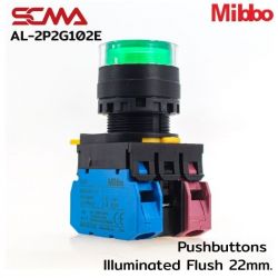 AL-2P2G102E 220VAC/DC Green Pushbuttons llluminated Flush 22mm. Maintained Mibbo