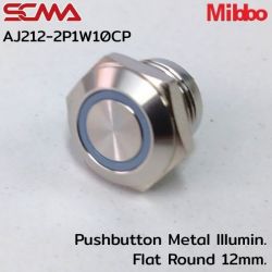 AJ212-2P1W10CP 24VDC White 1NO Pushbutton Metal lllumin. Flat Round 12mm. Mibbo