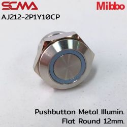 AJ212-2P1Y10CP 24VDC Yellow 1NO Pushbutton Metal lllumin. Flat Round 12mm. Mibbo