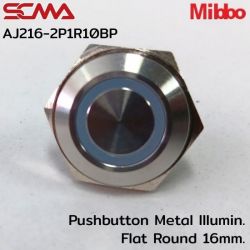 AJ216-2P1R10BP 12VDC Red 1NO Pushbutton Metal lllumin. Flat Round 16mm. Mibbo