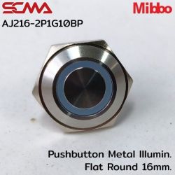 AJ216-2P1G10BP 12VDC Green 1NO Pushbutton Metal lllumin. Flat Round 16mm. Mibbo