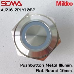 AJ216-2P1Y10BP 12VDC Yellow 1NO Pushbutton Metal lllumin. Flat Round 16mm. Mibbo