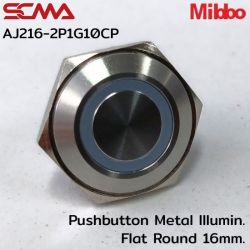 AJ216-2P1G10CP 24VDC Green 1NO Pushbutton Metal lllumin. Flat Round 16mm. Mibbo