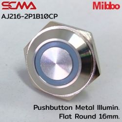AJ216-2P1B10CP 24VDC Blue 1NO Pushbutton Metal lllumin. Flat Round 16mm. Mibbo
