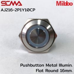 AJ216-2P1Y10CP 24VDC Yellow 1NO Pushbutton Metal lllumin. Flat Round 16mm. Mibbo