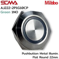AJ222-2P1G10CP 24VDC Green 1NO Pushbutton Metal lllumin. Flat Round 22mm. Mibbo