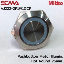 AJ222-2P1W10CP 24VDC White 1NO Pushbutton Metal lllumin. Flat Round 22mm. Mibbo SCMA