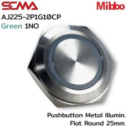 AJ225-2P1G10CP 24VDC Green 1NO Pushbutton Metal lllumin. Flat Round 25mm. Mibbo