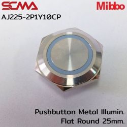 AJ225-2P1Y10CP 24VDC Yellow 1NO Pushbutton Metal lllumin. Flat Round 25mm. Mibbo SCMA