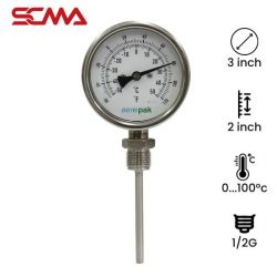 ASSF-311 Thermometer Gauge 0~100C 3" Type-I  2"/Dia.6mm G1/2" SUS304