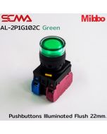 AL-2P1G102C 24VAC/DC Green Pushbuttons llluminated Flush 22mm. Monentary Mibbo