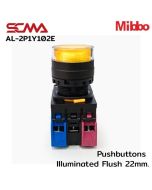 AL-2P1Y102E 220VAC/DC Yellow Pushbuttons llluminated Flush 22mm. Monentary Mibbo