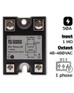SG1-RA50-A2 Single phase Input VR 0…1M Ohm Output 48-480VAC Current 50A Phase