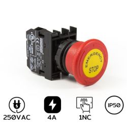 B200EE Emergency Stop 22mm. 1NC With Label 