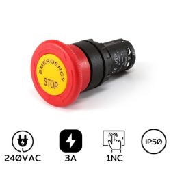 MB200EE Emergency Stop 22mm. 1NC With Label 