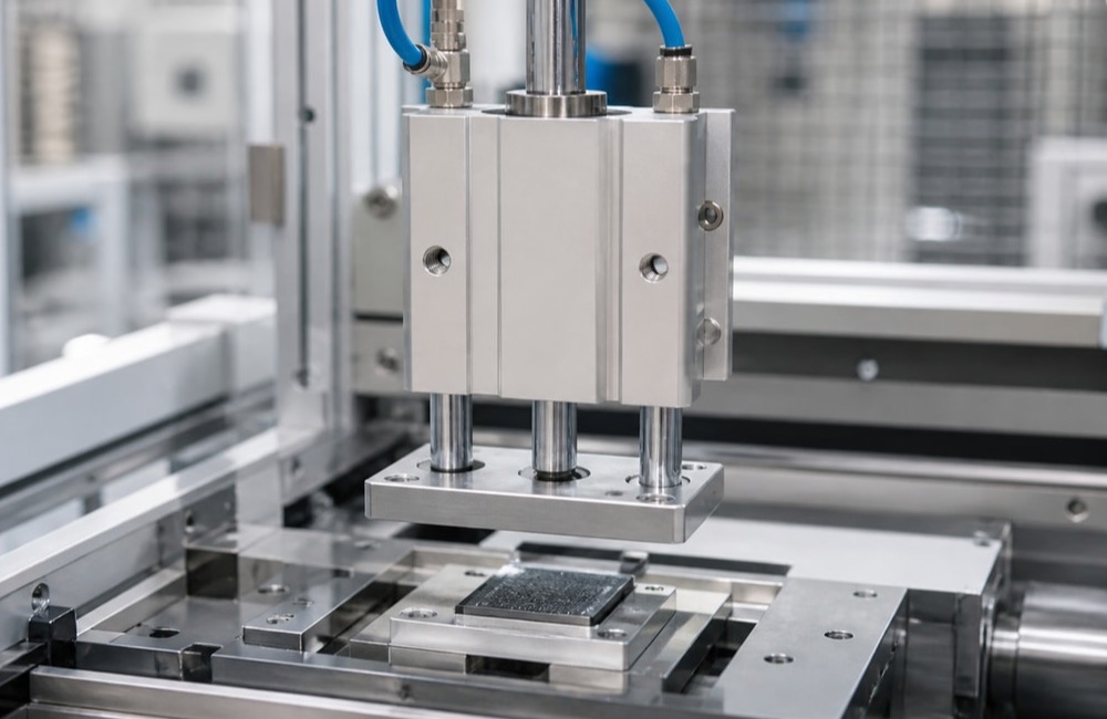 Guided Cylinder แบบแกนประคองในสถานีงานกดชิ้นงานความแม่นยำสูง