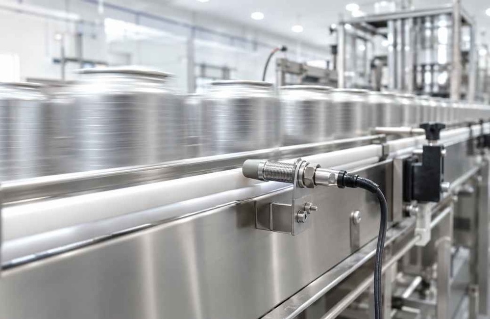IFM Proximity Sensor ตรวจจับภาชนะโลหะบนสายพานลำเลียง