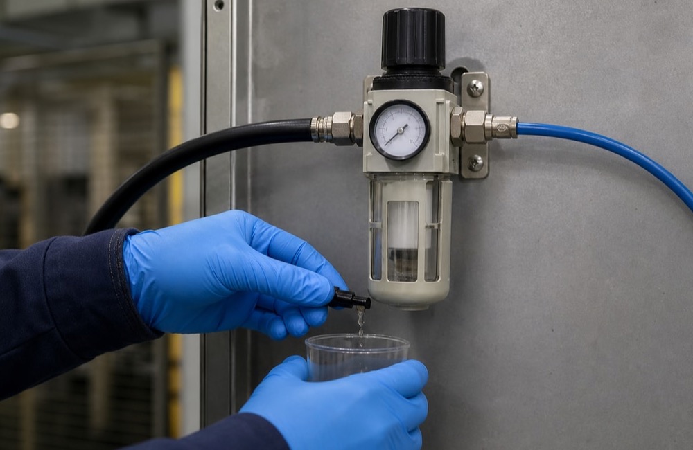 ช่างระบายน้ำออกจากถ้วยกรองของ Air Filter Regulator