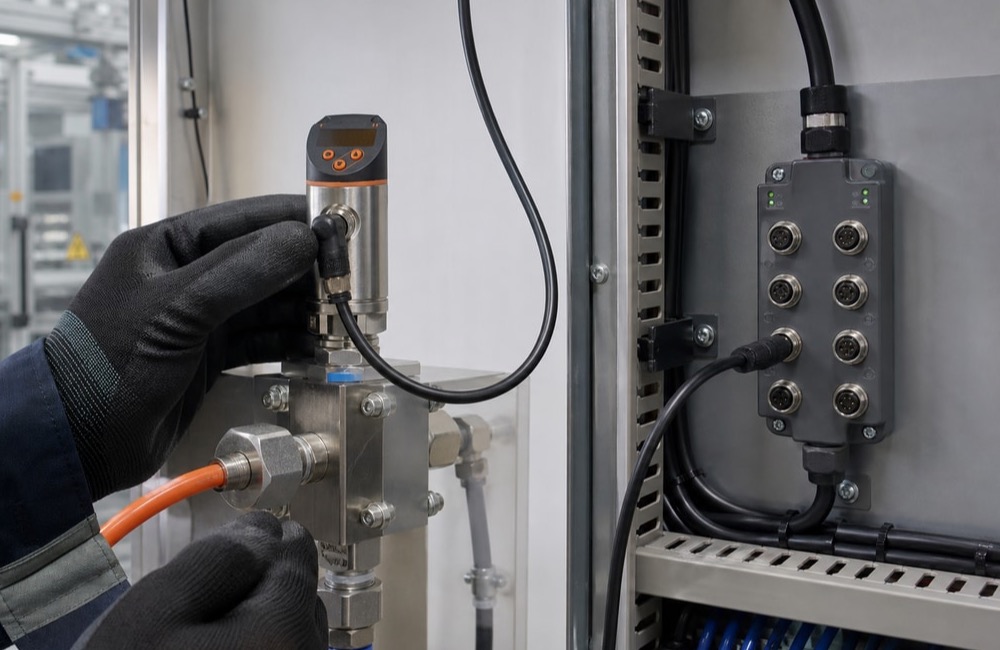 ช่างเชื่อมต่อ IO-Link Pressure Switch เข้ากับ IO-Link Master