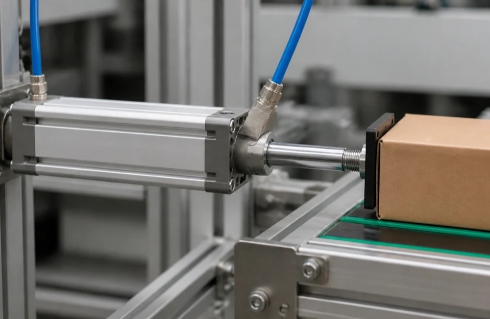 Pneumatic Cylinder แบบ Double Acting ดันวัตถุในสายการผลิต
