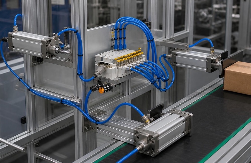 Valve Terminal ควบคุมกระบอกลมหลายตัวในสายการผลิตอัตโนมัติ