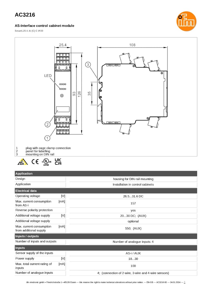 AC3216 \ ecomat 300 \ AS-i (โมดูลรับสัญญาณ Input Output สำหรับระบบ AS-interface) \SmartL25 4 AI (C) C IP20 \ DE
