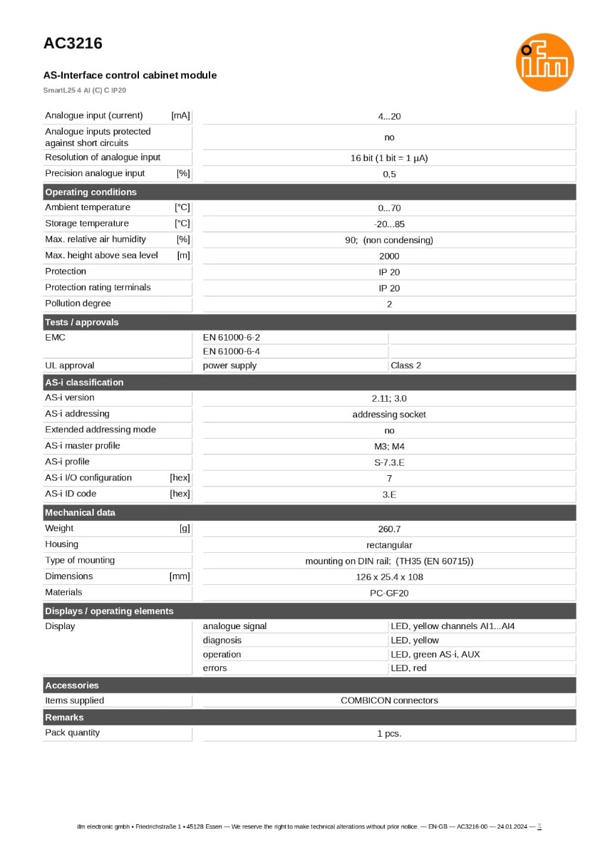 AC3216 \ ecomat 300 \ AS-i (โมดูลรับสัญญาณ Input Output สำหรับระบบ AS-interface) \SmartL25 4 AI (C) C IP20 \ DE