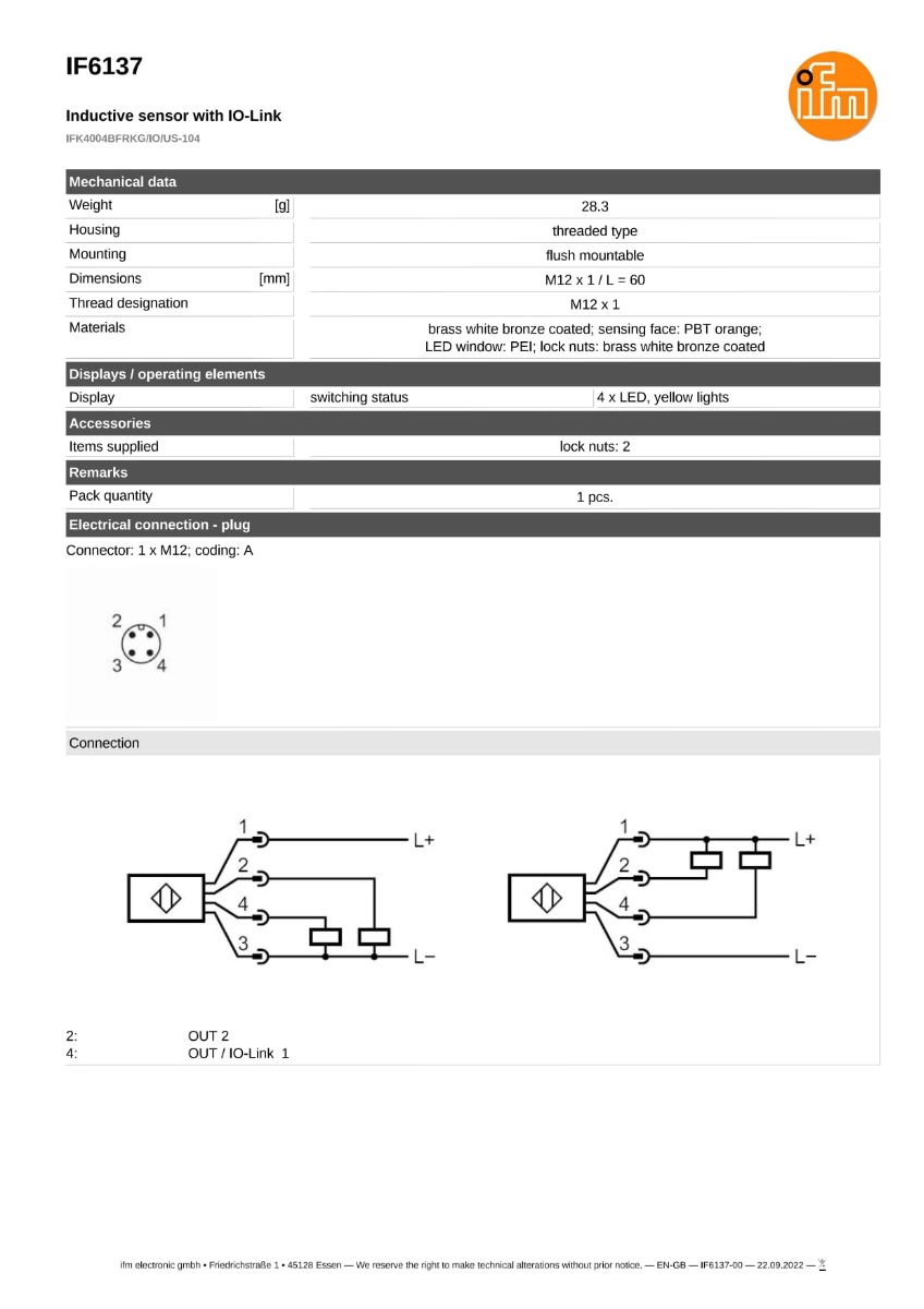 IF6137 \ efector 100 \ Inductive sensors \ IFK4004BFRKG/IO/US-104 \ DE \