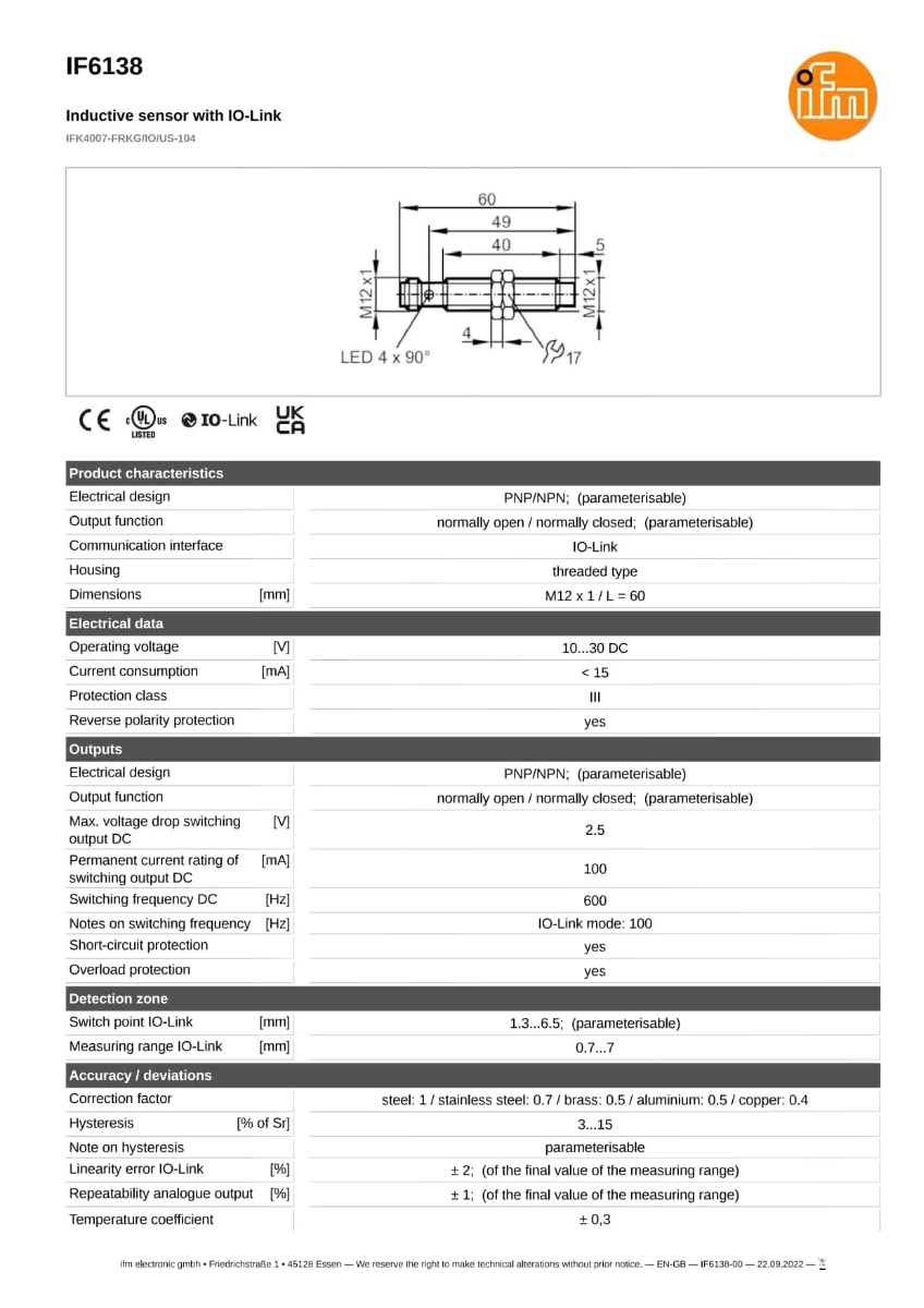 IF6138 \ efector 100 \ Inductive sensors \ IFK4007-FRKG/IO/US-104 \ DE \
