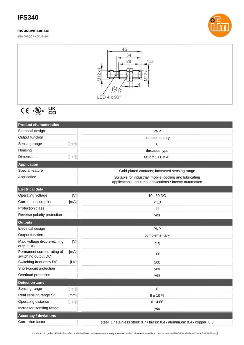IFS340 \ efector 100 \ Inductive sensor \ IFB4006QCPKG/US-104 \