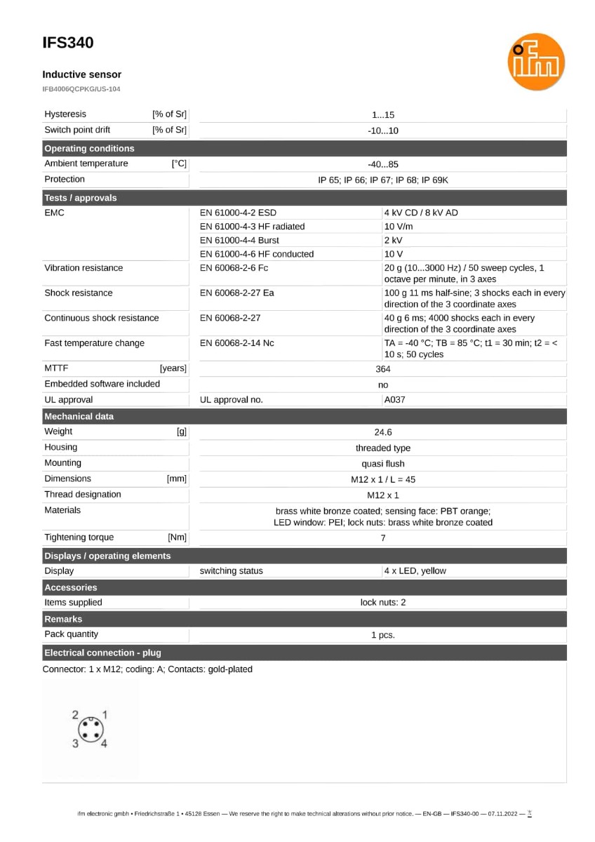 IFS340 \ efector 100 \ Inductive sensor \ IFB4006QCPKG/US-104 \