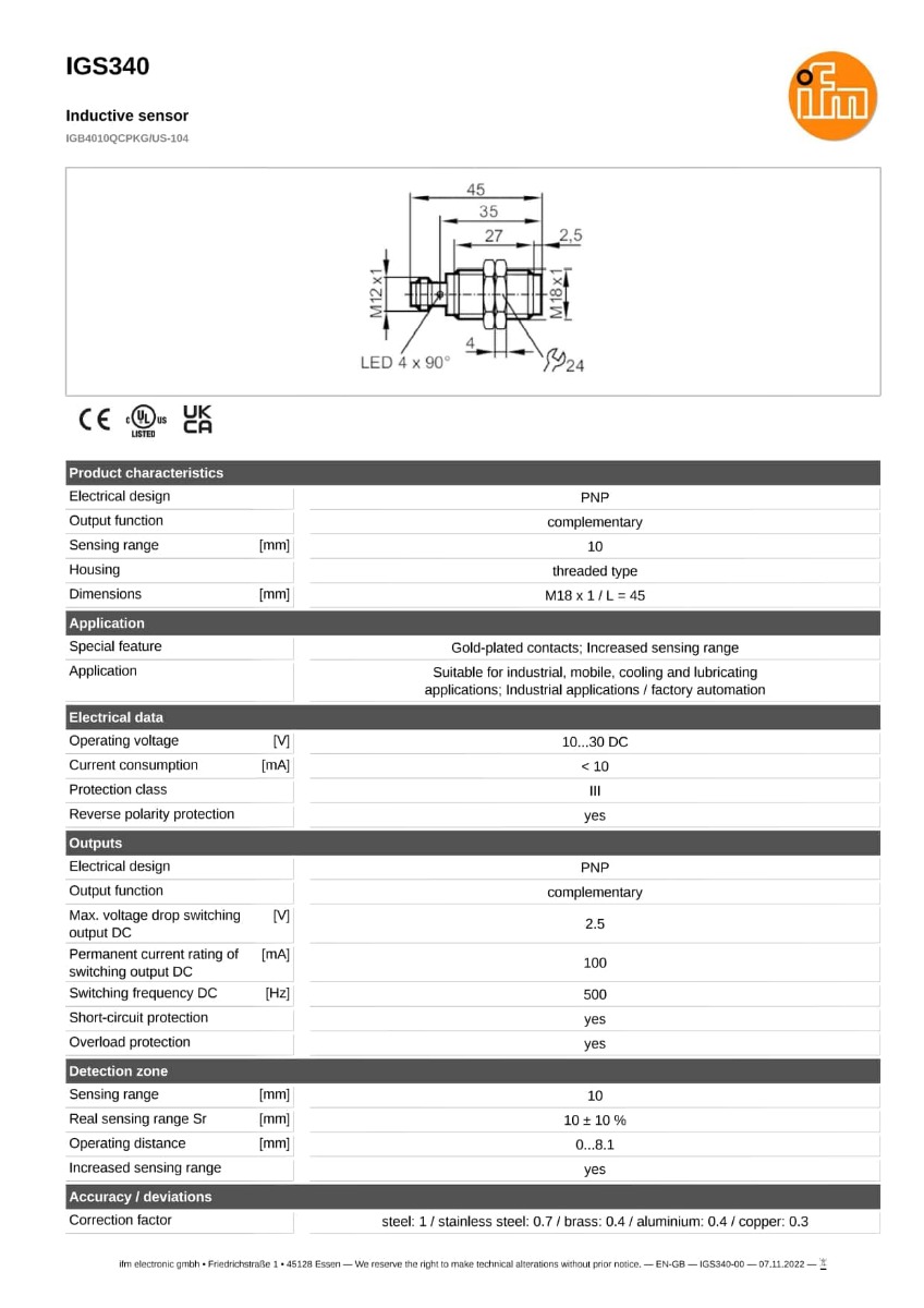 IGS340 \ efector 100 \ Inductive sensors \ IGB4010QCPKG/US-104 \ DE \