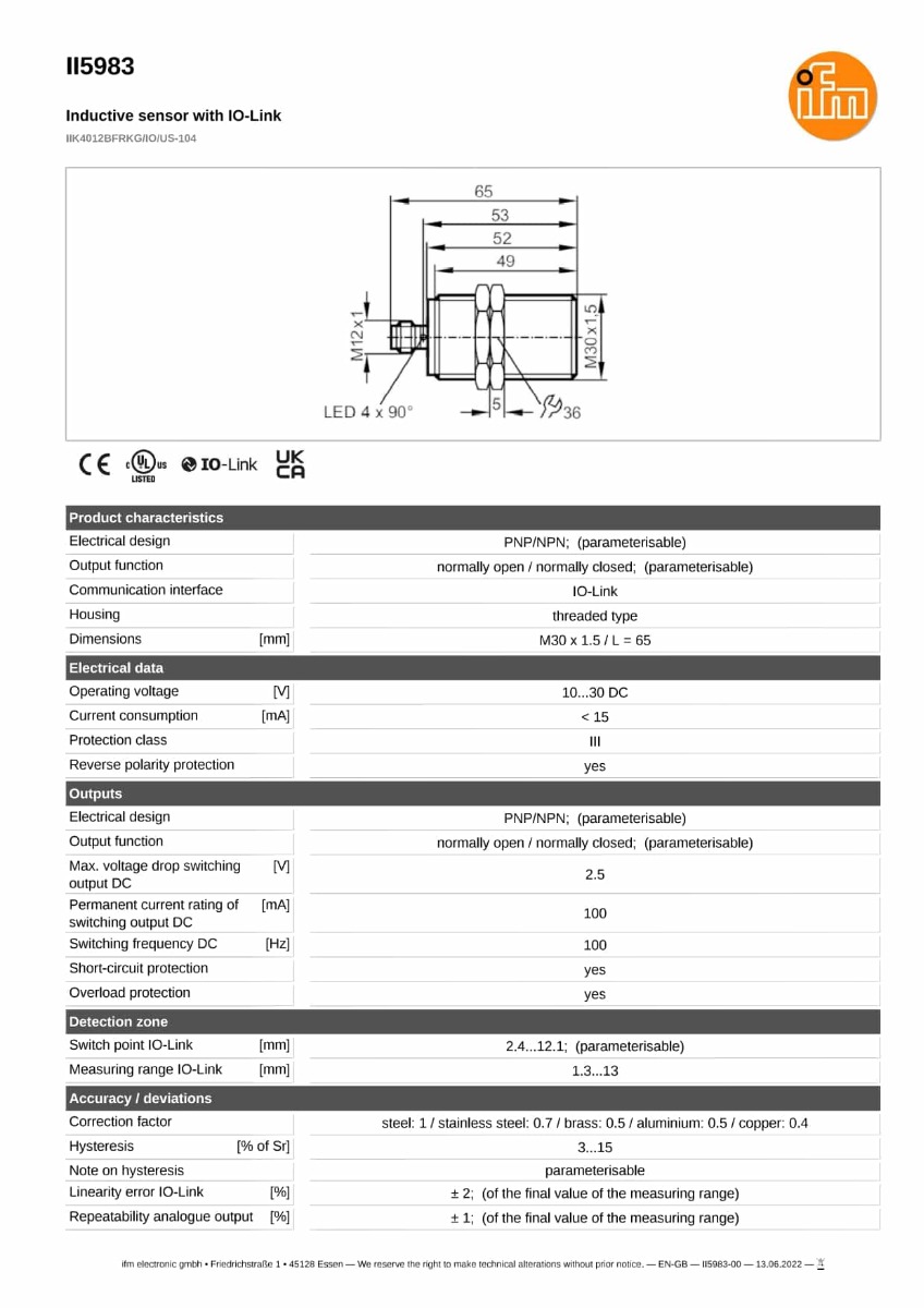 II5983 \ efector 100 \ Inductive sensors \ IIK4012BFRKG/IO/US-104 \ DE \