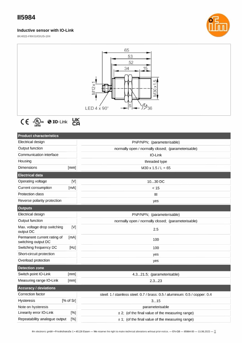 II5984 \ efector 100 \ Inductive sensors \ IIK4022-FRKG/IO/US-104 \ DE \