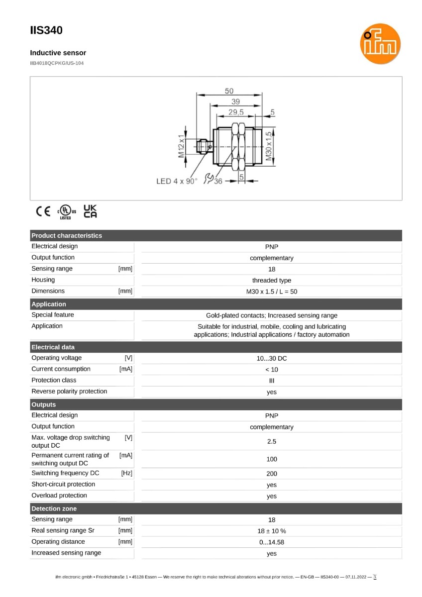 IIS340 \ efector 100 \ Inductive sensors \ IIB4018QCPKG/US-104 \ DE \