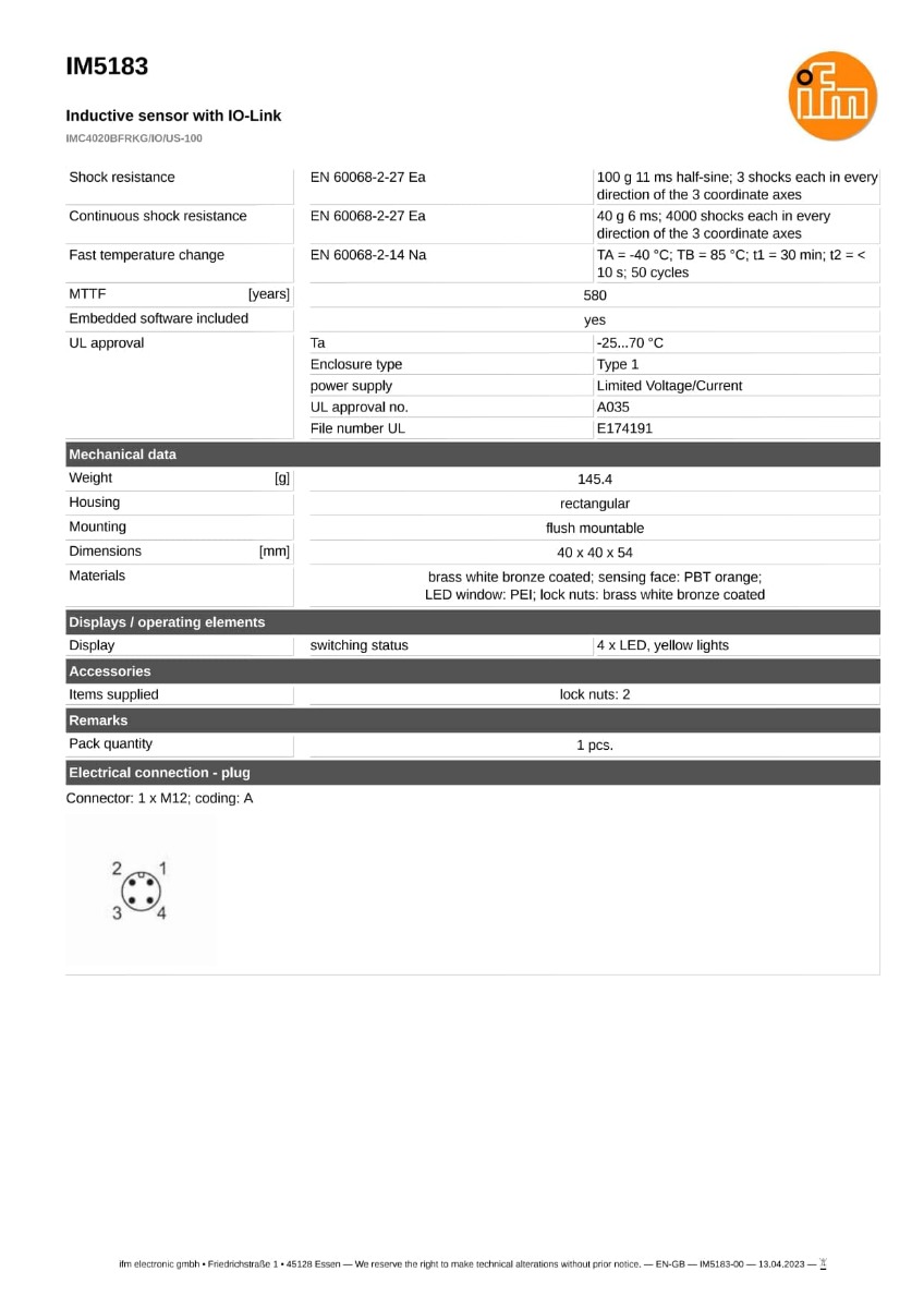 IM5183 \ efector 100 \ Inductive sensors \ IMC4020BFRKG/IO/US-100 \ RO \