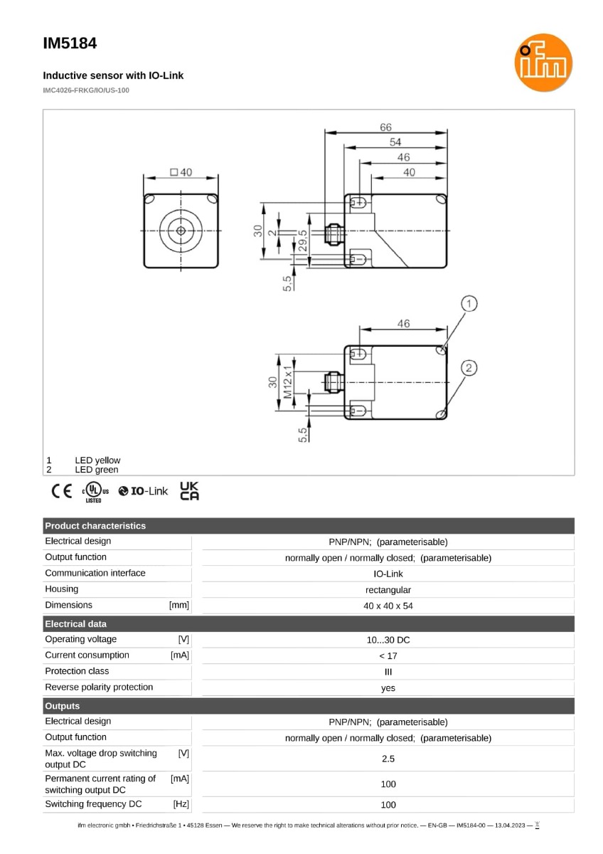 IM5184 \ efector 100 \ Inductive sensors \ IMC4026-FRKG/IO/US-100 \ RO \