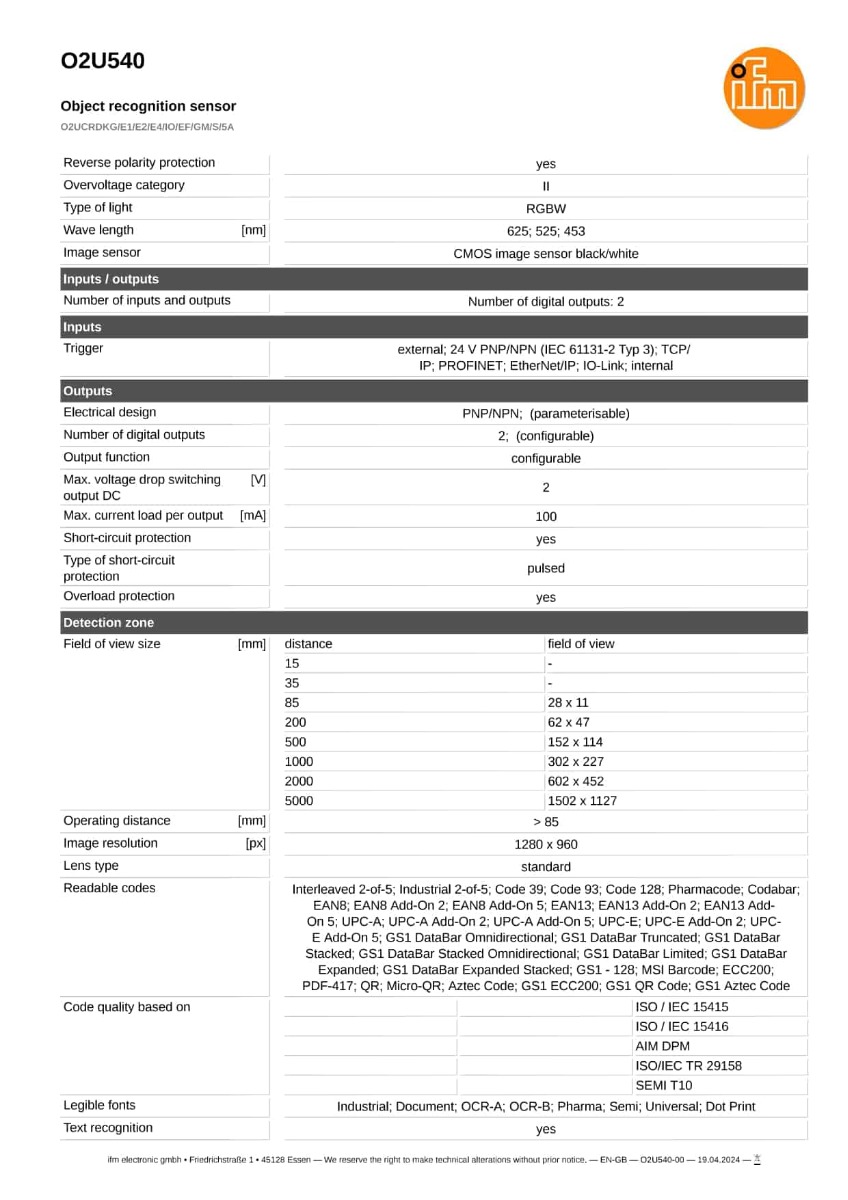 O2U540 \ efector 250 \ Object recognition \ O2UCRDKG/E1/E2/E4/IO/EF/GM/S/5A \ DE \