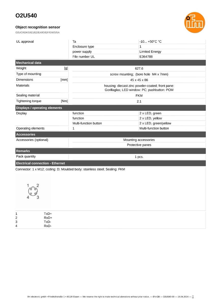 O2U540 \ efector 250 \ Object recognition \ O2UCRDKG/E1/E2/E4/IO/EF/GM/S/5A \ DE \