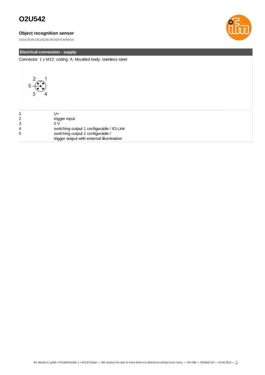 O2U542 \ efector 250 \ Object recognition \ O2UCRDKG/E1/E2/E4/IO/EF/GM/W/5A \ DE \