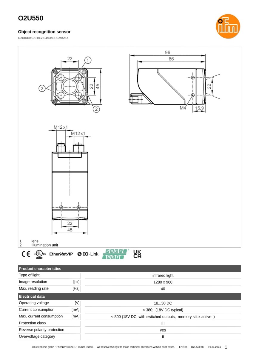 O2U550 \ efector 250 \ Object recognition \ O2UIRDKG/E1/E2/E4/IO/EF/GM/S/5A \ DE \